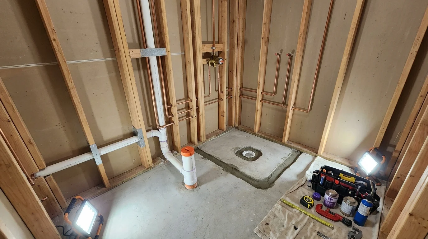 Bathroom rough-in plumbing during remodel by Johns Plumbing LLC in Bethany