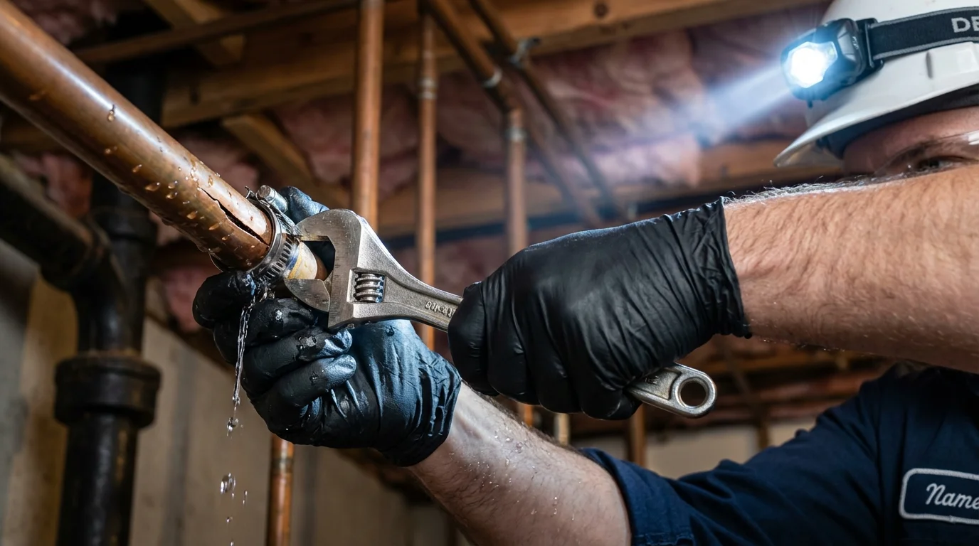 Emergency pipe clamp repair being performed by a Johns Plumbing LLC plumber in Bethany