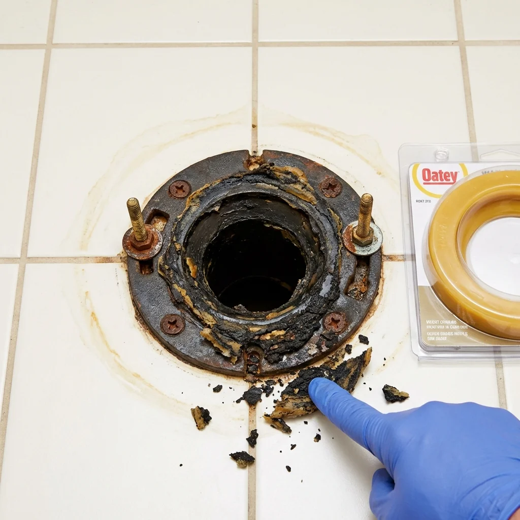 Failed wax ring showing water seepage at the base of a toilet in a Bethany, OK home