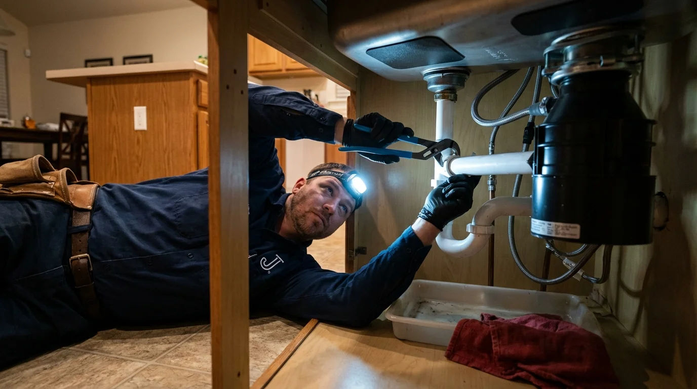 P-trap and supply line connections under a kitchen sink showing a common leak point in Bethany, OK